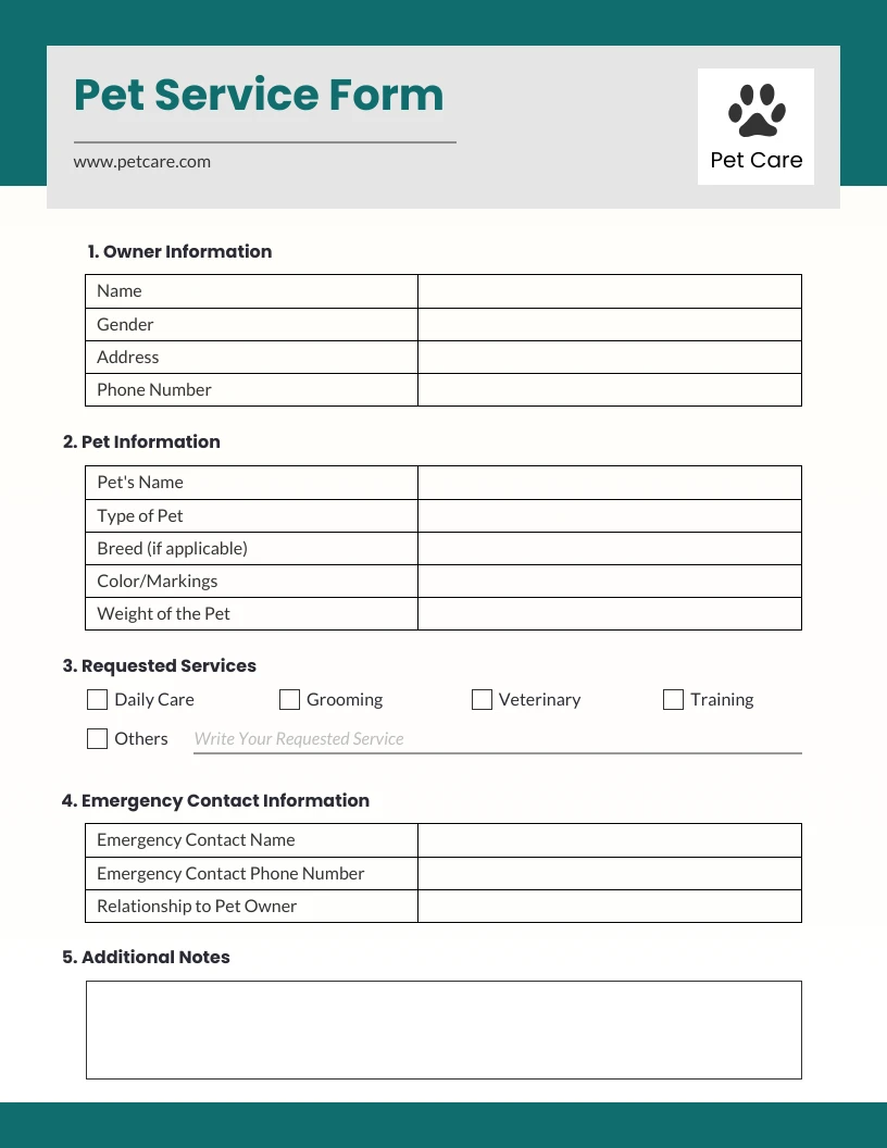 Dog Pet Service Form Template - Venngage