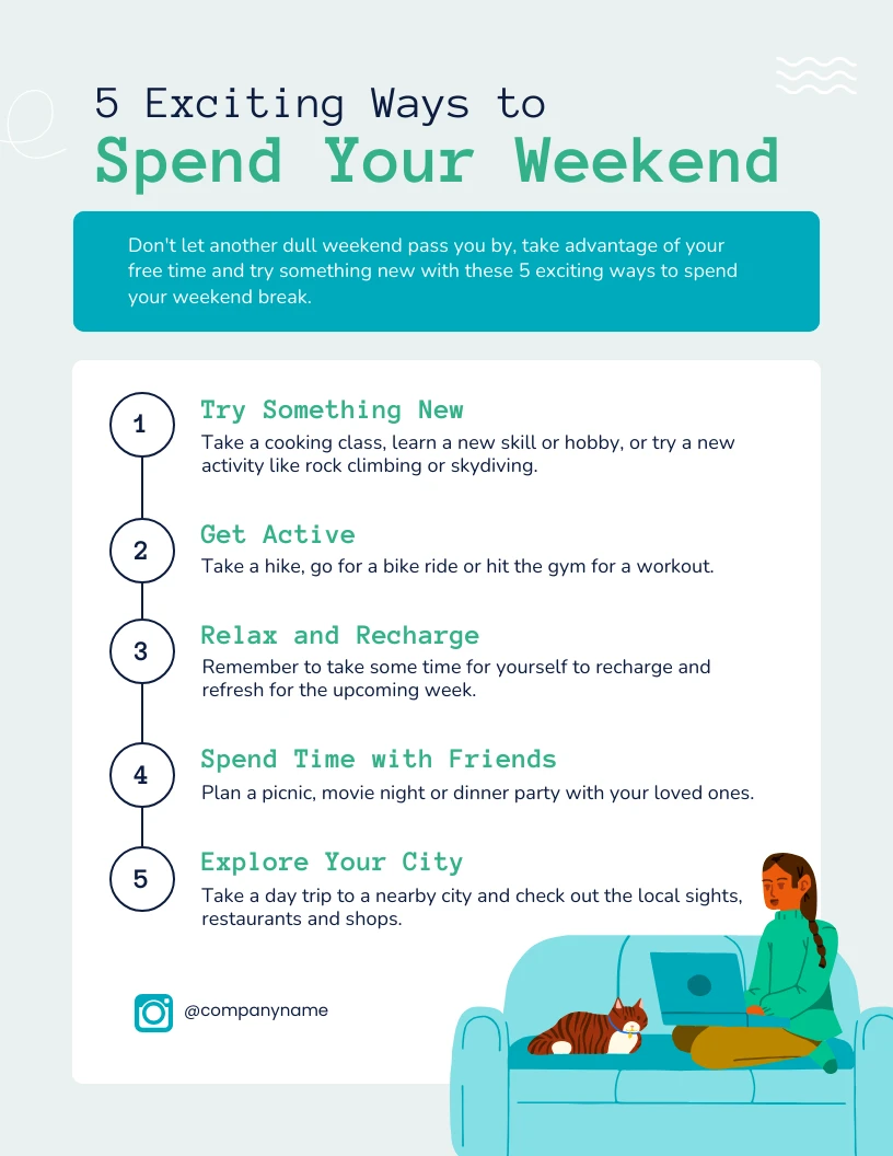 Letter-size printable infographic poster listing five numbered weekend ideas on a timeline with a sofa illustration