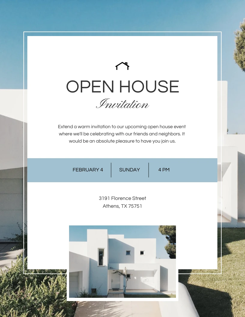 White and Light Blue Minimalist Open House Invitation - Venngage