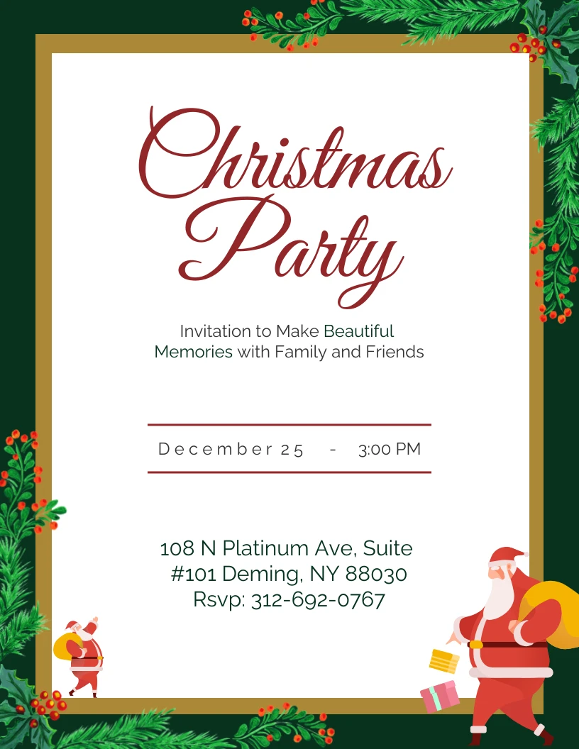 Green White Red and Gold Christmas Party Invitation - Venngage