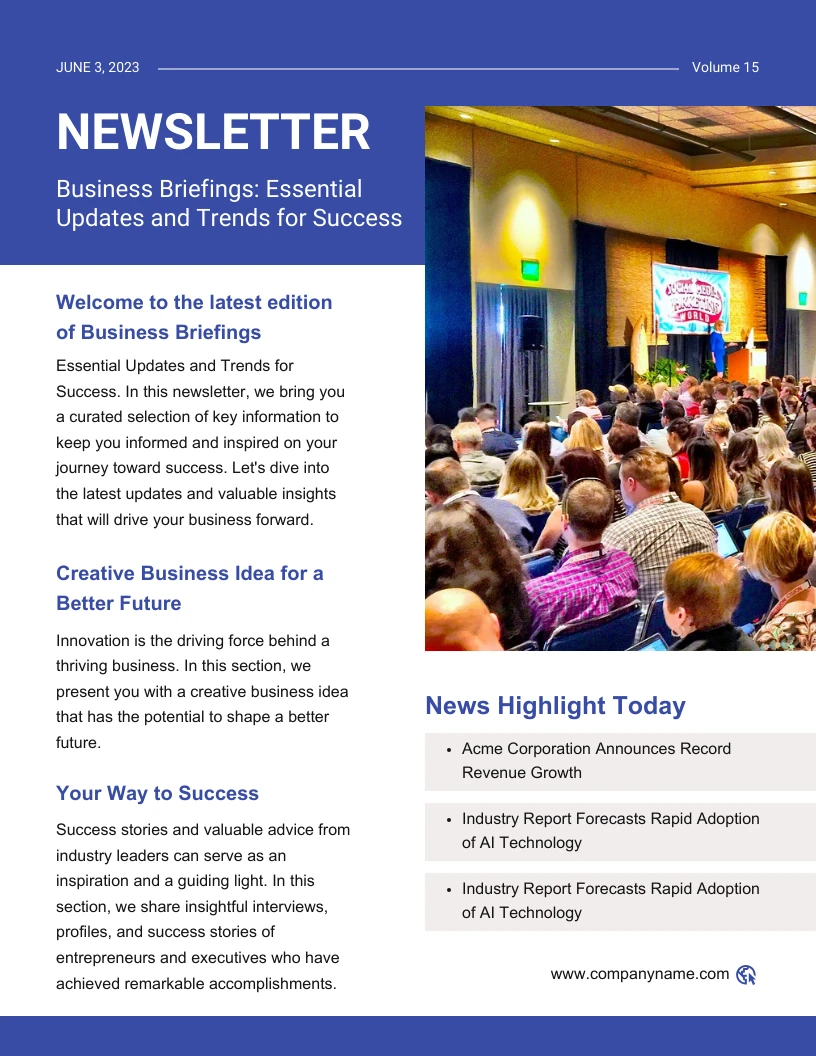 Blue Modern Business Briefings Company Newsletter Template - Venngage