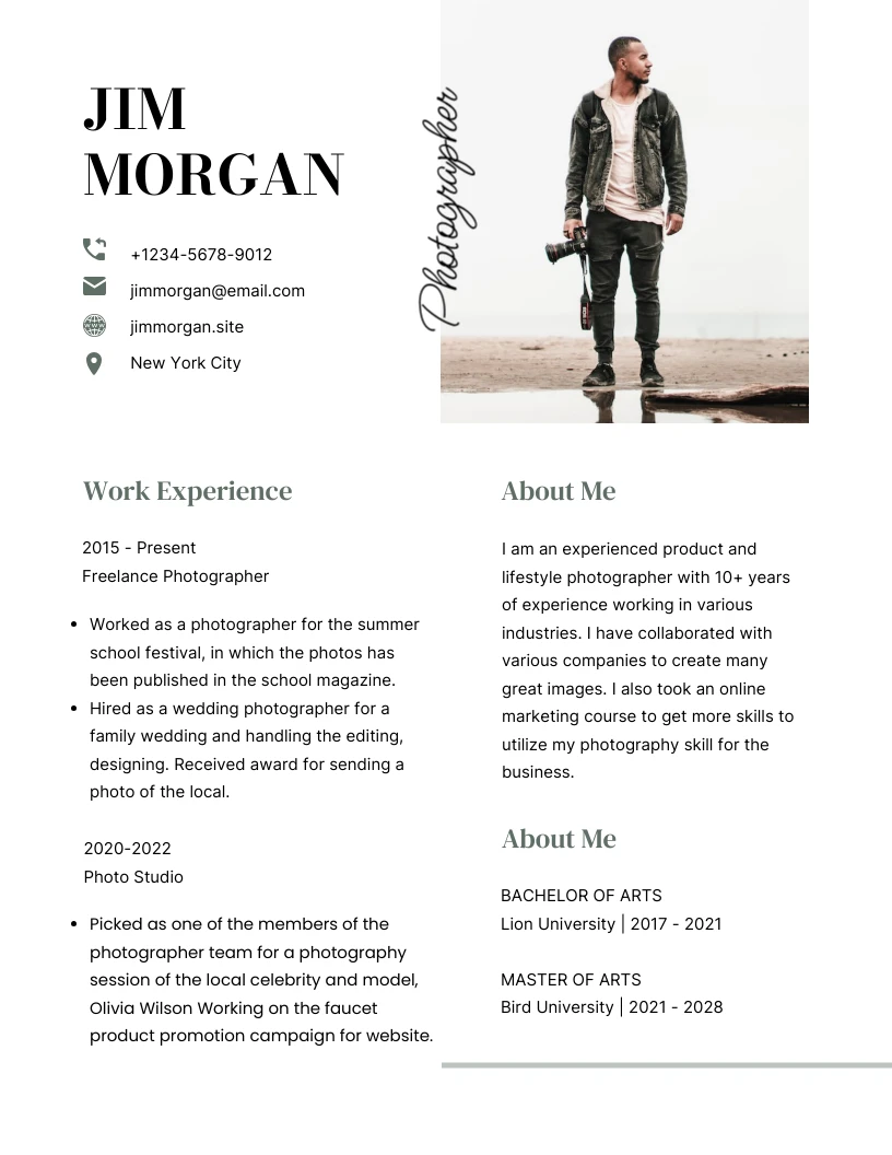 Black And White Simple Clean Minimal Street Photographer Resume - Venngage