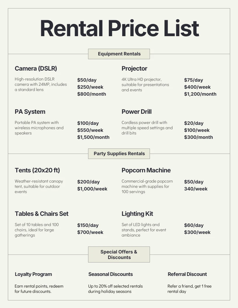 Rental Price List Template - Venngage