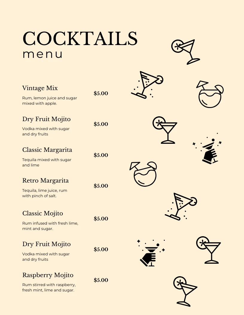 Light Grey Modern Pattern Cocktails Bar Menu - Venngage