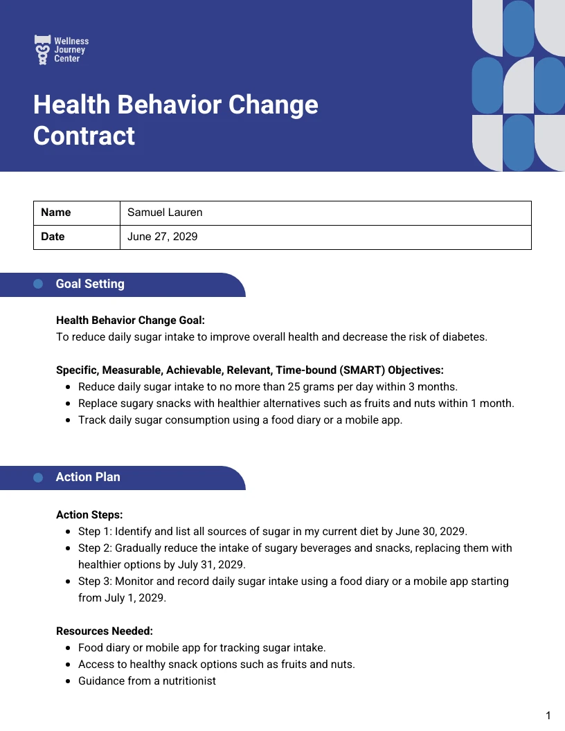 Health behavior change contract template venngage