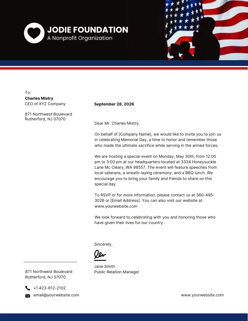 White Blue and Red Memorial Day Invitation Lettehead - Venngage