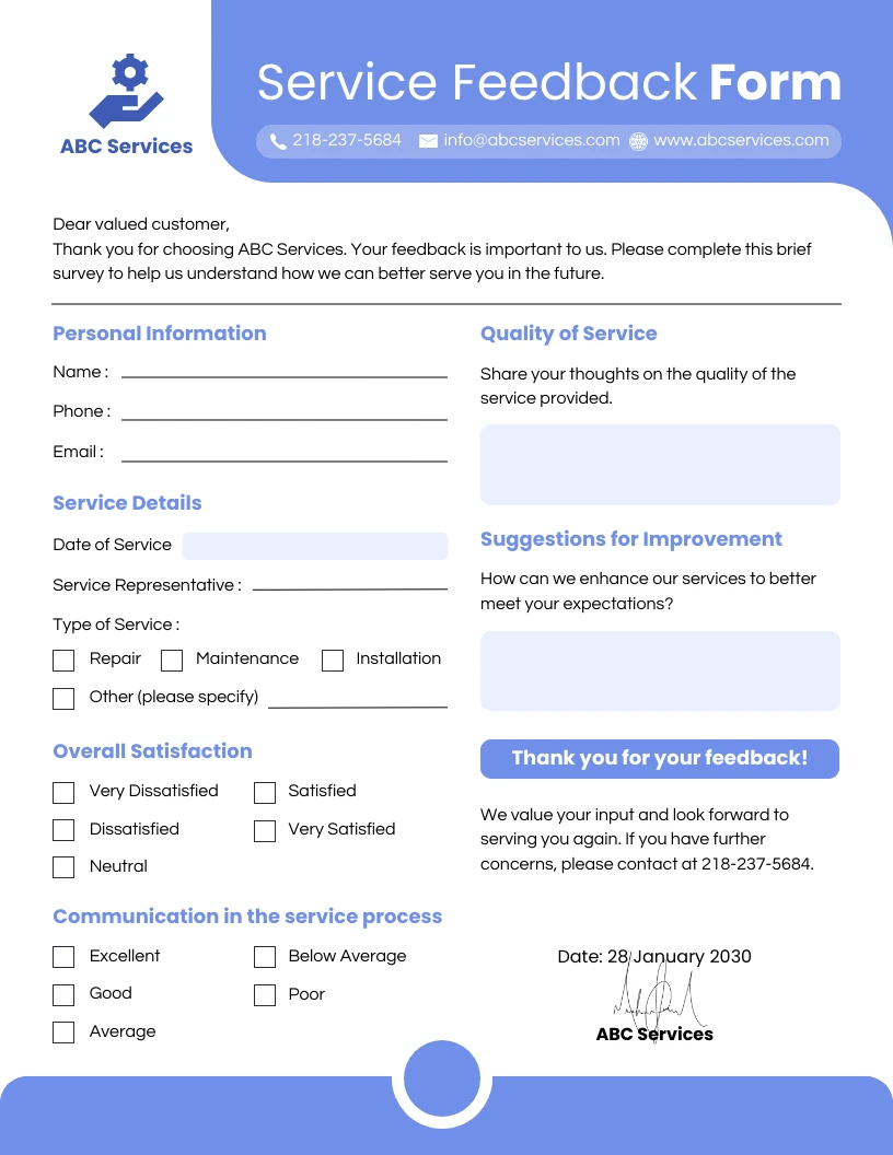 Service Feedback Form Template - Venngage