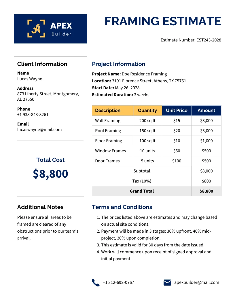 Framing Estimate Template - Venngage