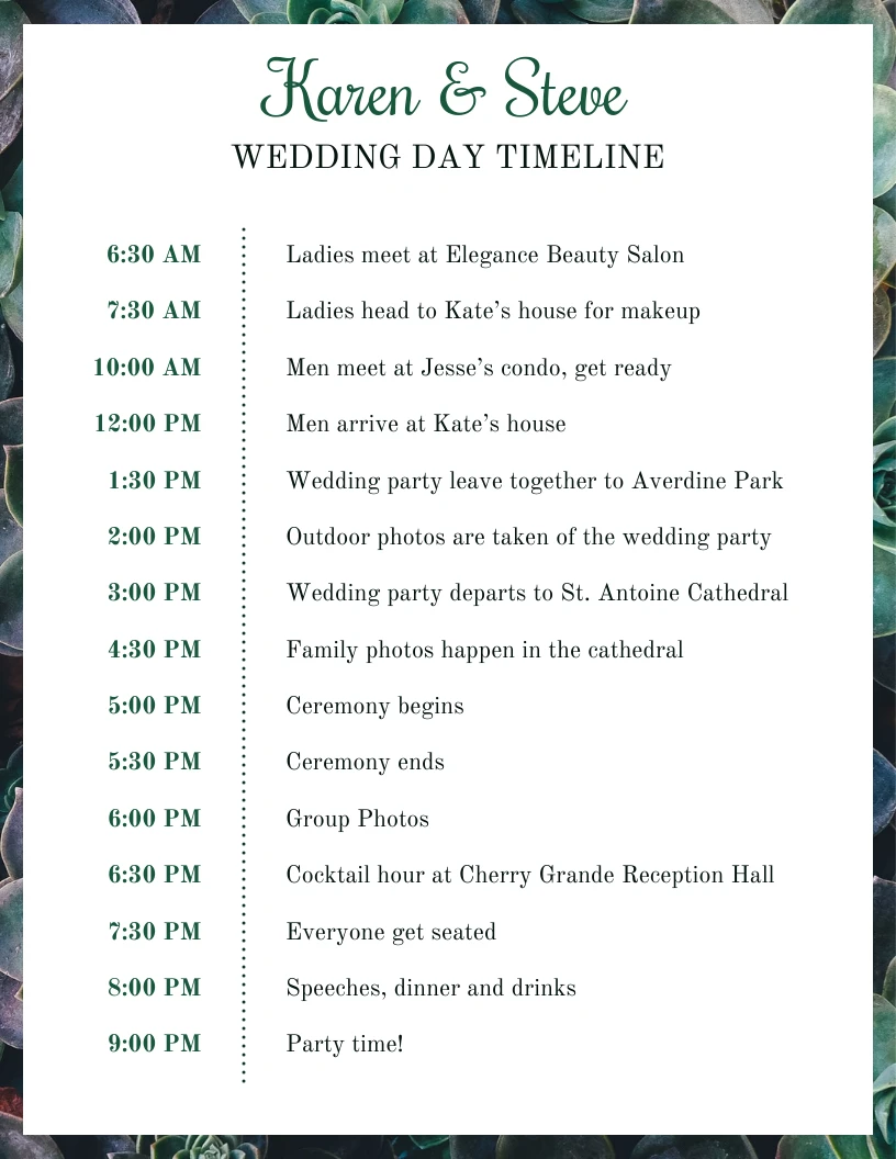 Plant Photo Wedding Day Timeline - Venngage