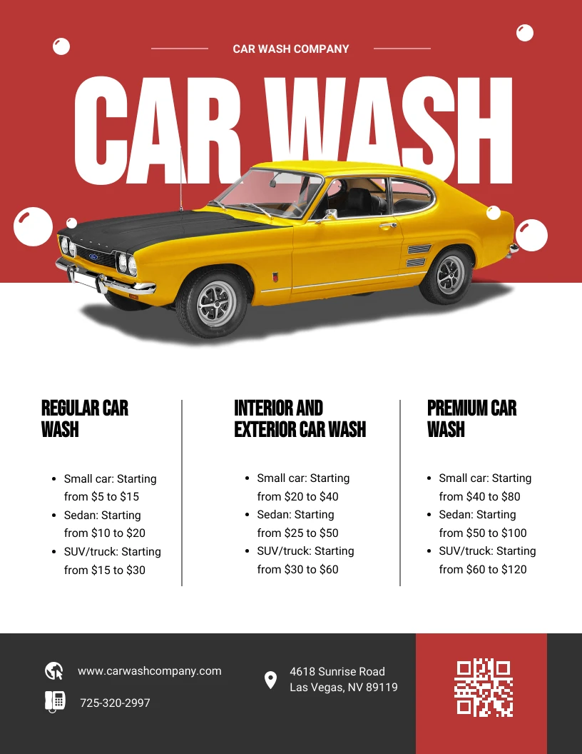 Modern Red Black Car Wash Price List Template - Venngage