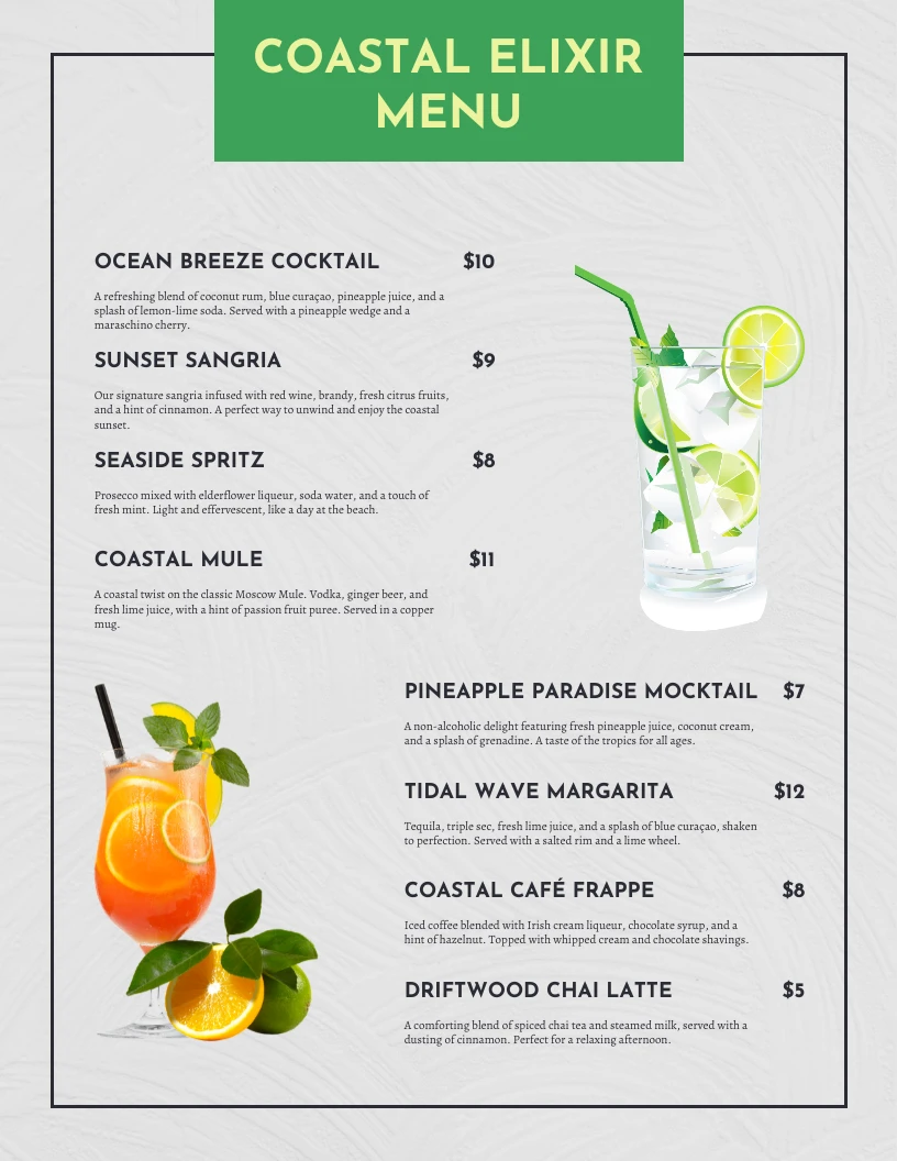 Grey Modern Texture Drink Menu - Venngage