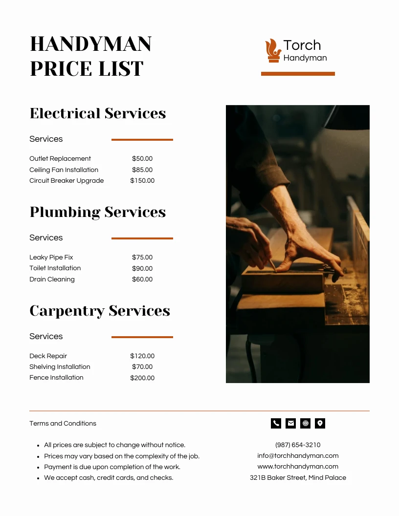 Brown White Handyman Price List Template Venngage Brown White Handyman Price List Template Venngage