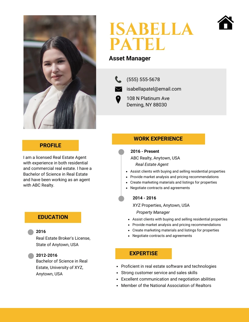 Yellow Real Estate Asset Manager Resume Template - Venngage