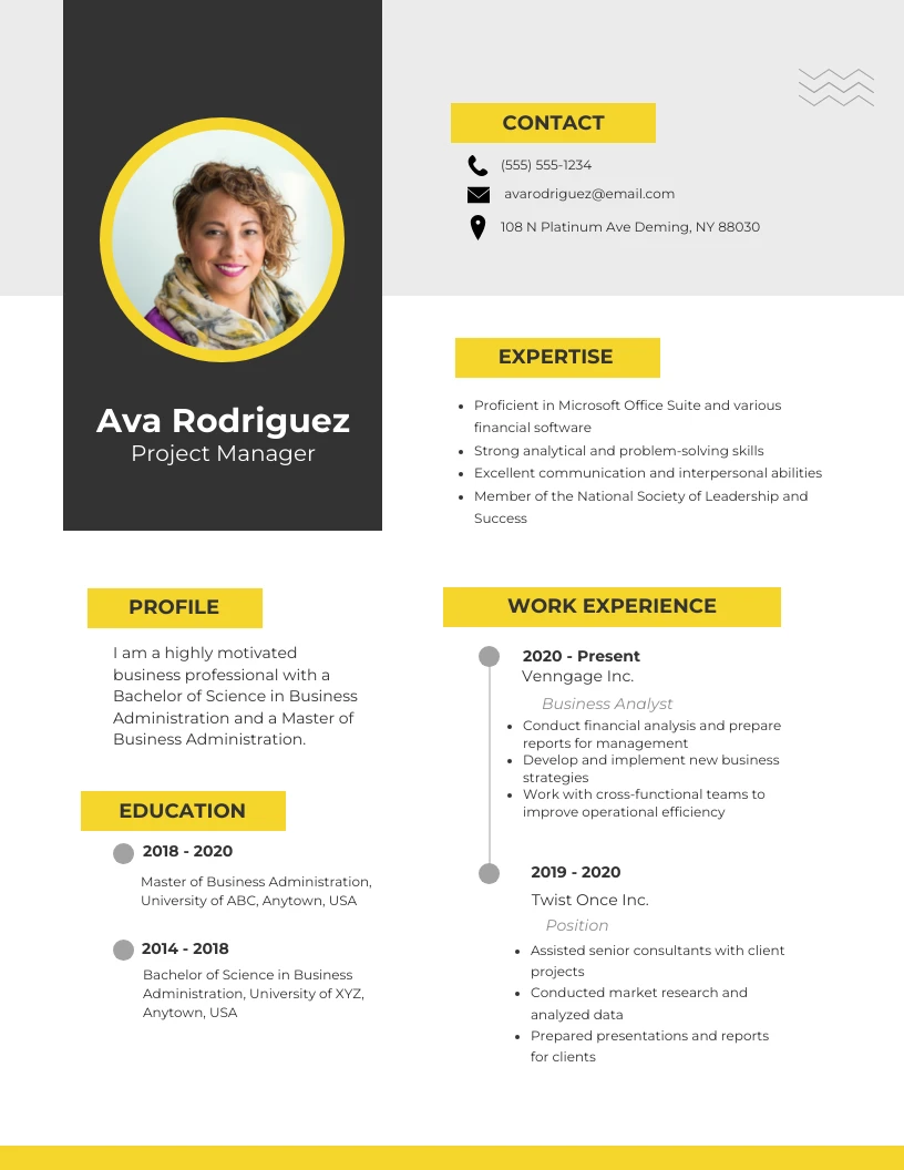 White Black Yellow Project Manager Resume Template - Venngage