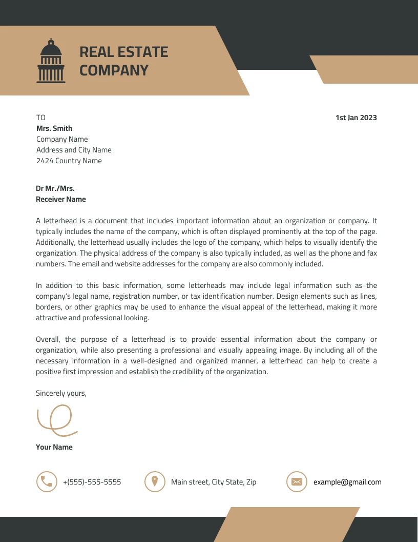 Black And Brown Corporate Modern Real Estate Letterhead Template - Venngage