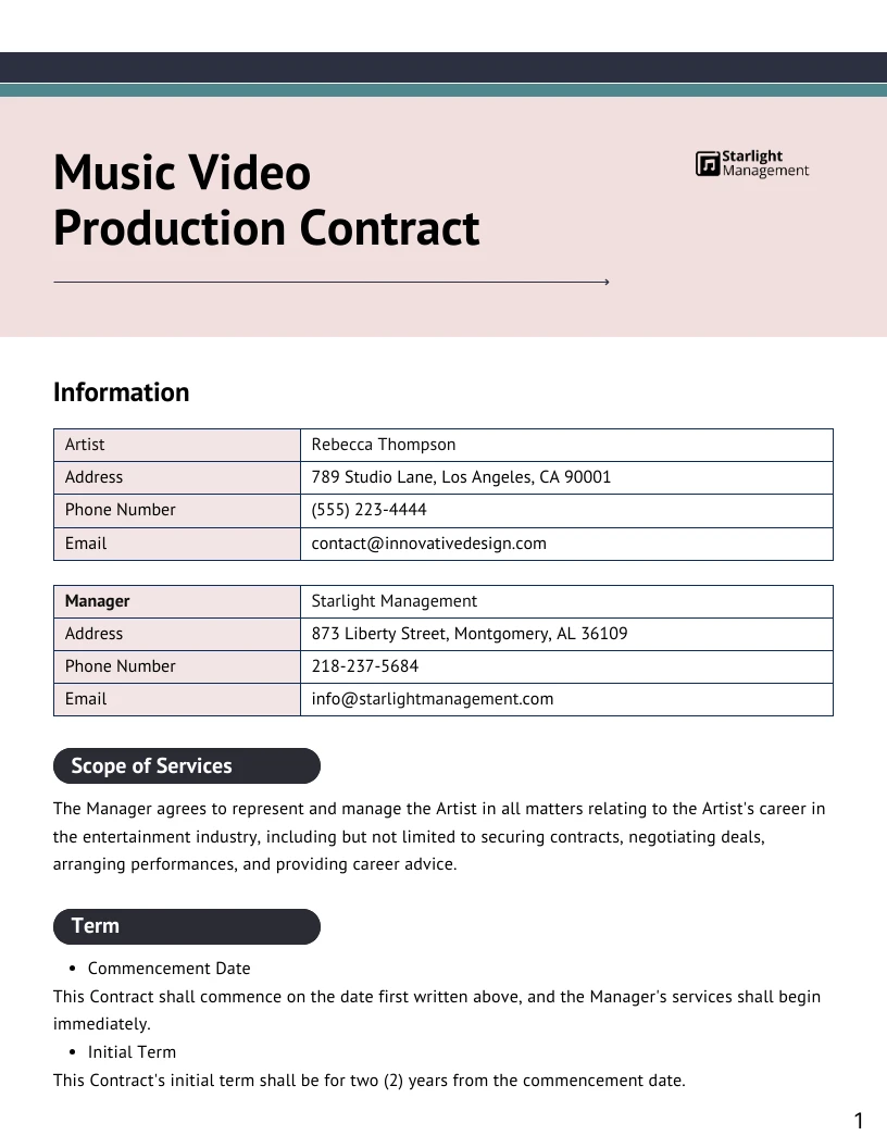 Modelo de contrato de produção de videoclipe - Venngage