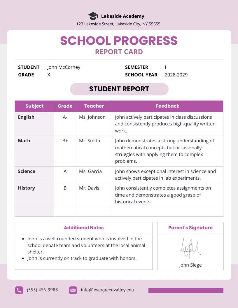 School Progress Report Template Venngage