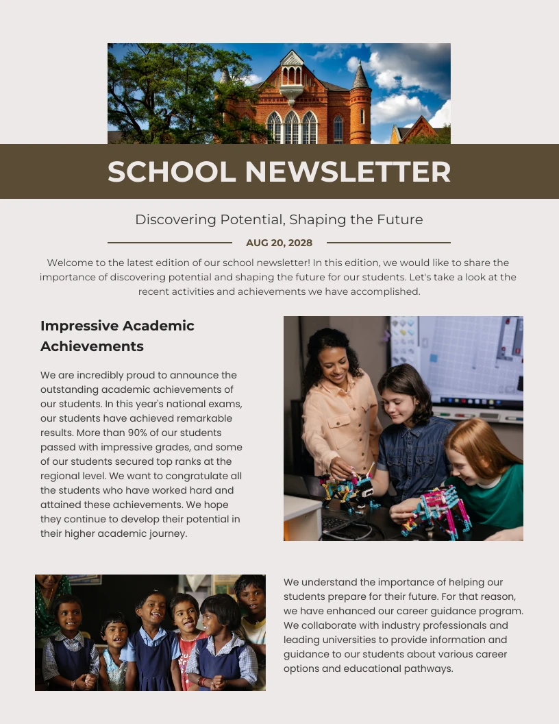 Brown & Cream School Newsletter Discovering Potential - Venngage