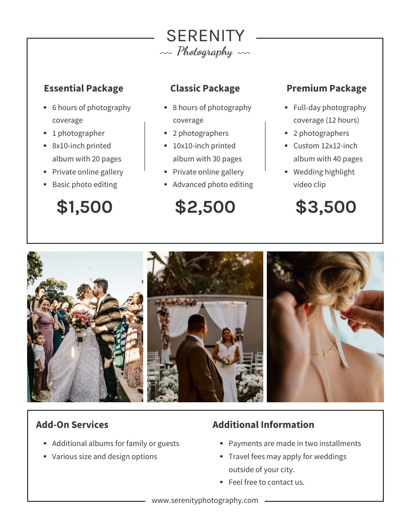 White Wedding Photography Packages Price List Template Venngage