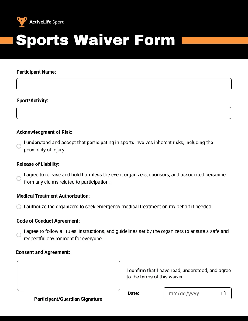 Sports Waiver Form Template Venngage