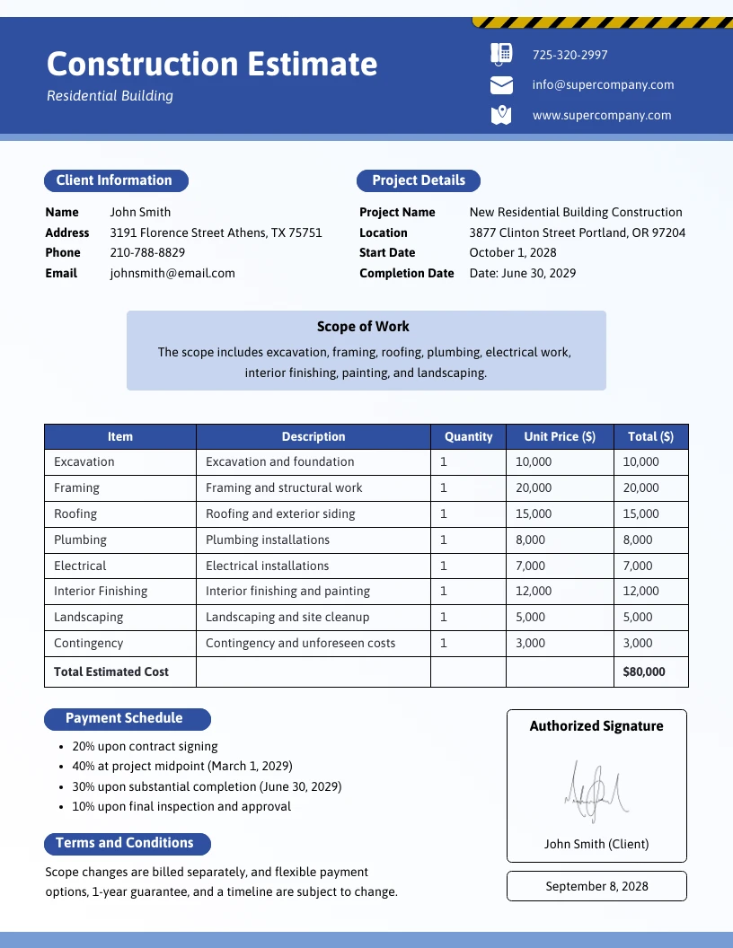 Blue Construction Estimate Template - Venngage