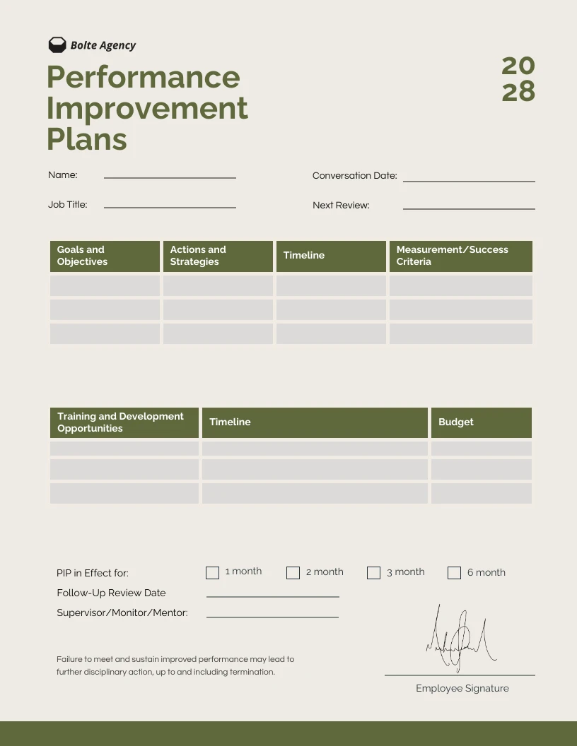 Cream Green Performance Improvement Plan Template - Venngage