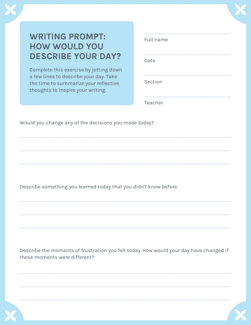 Blue Writing Prompt Worksheet - Venngage