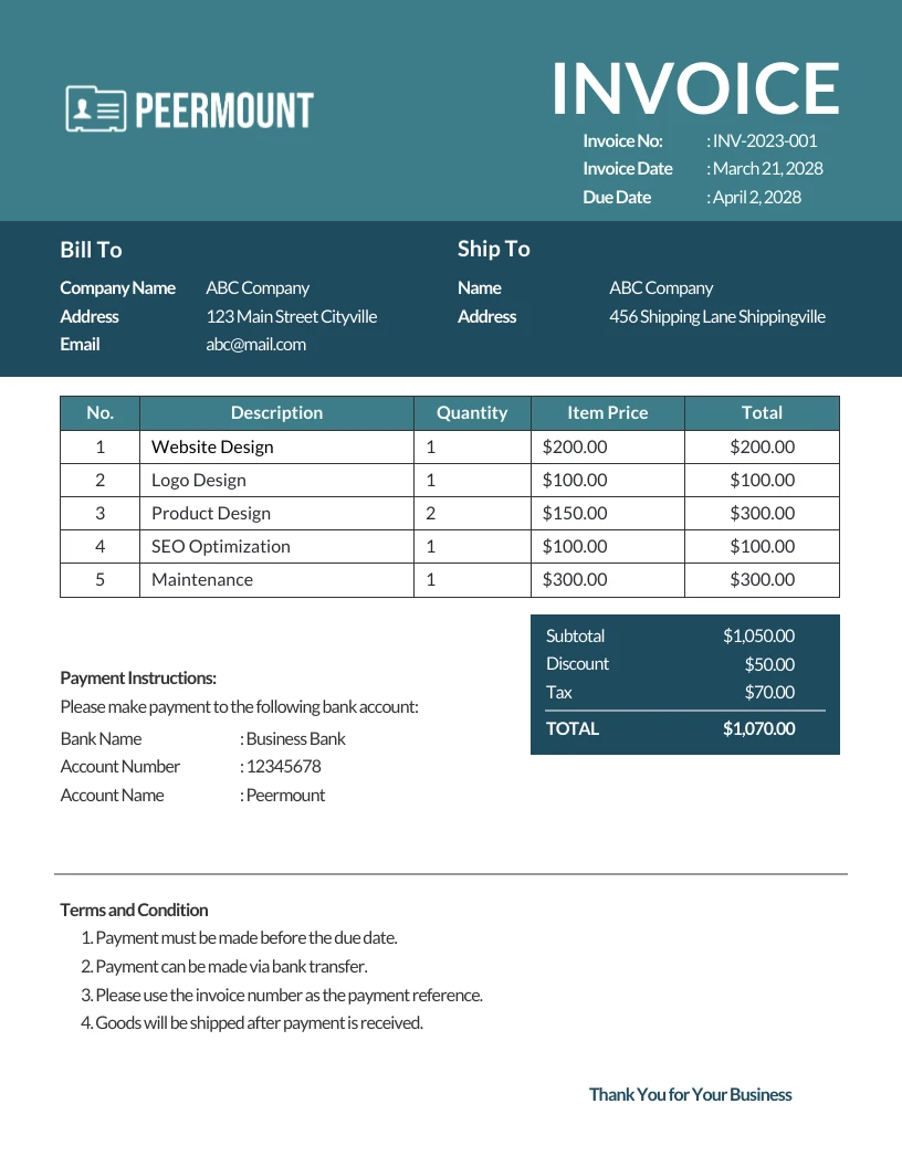 Green and Navy Minimalist Business Invoice - Venngage