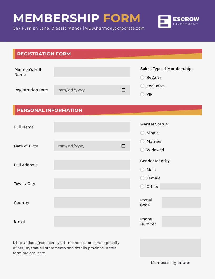 Formulario de membresía minimalista morado y rojo - Venngage