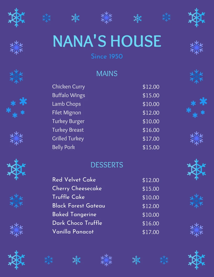 Snowflake Diner Christmas Menu - Venngage