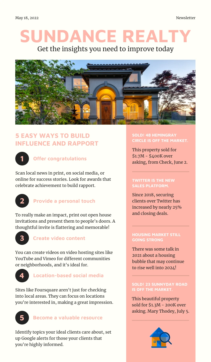 Light Peach Real Estate Monthly Newsletter Template Venngage