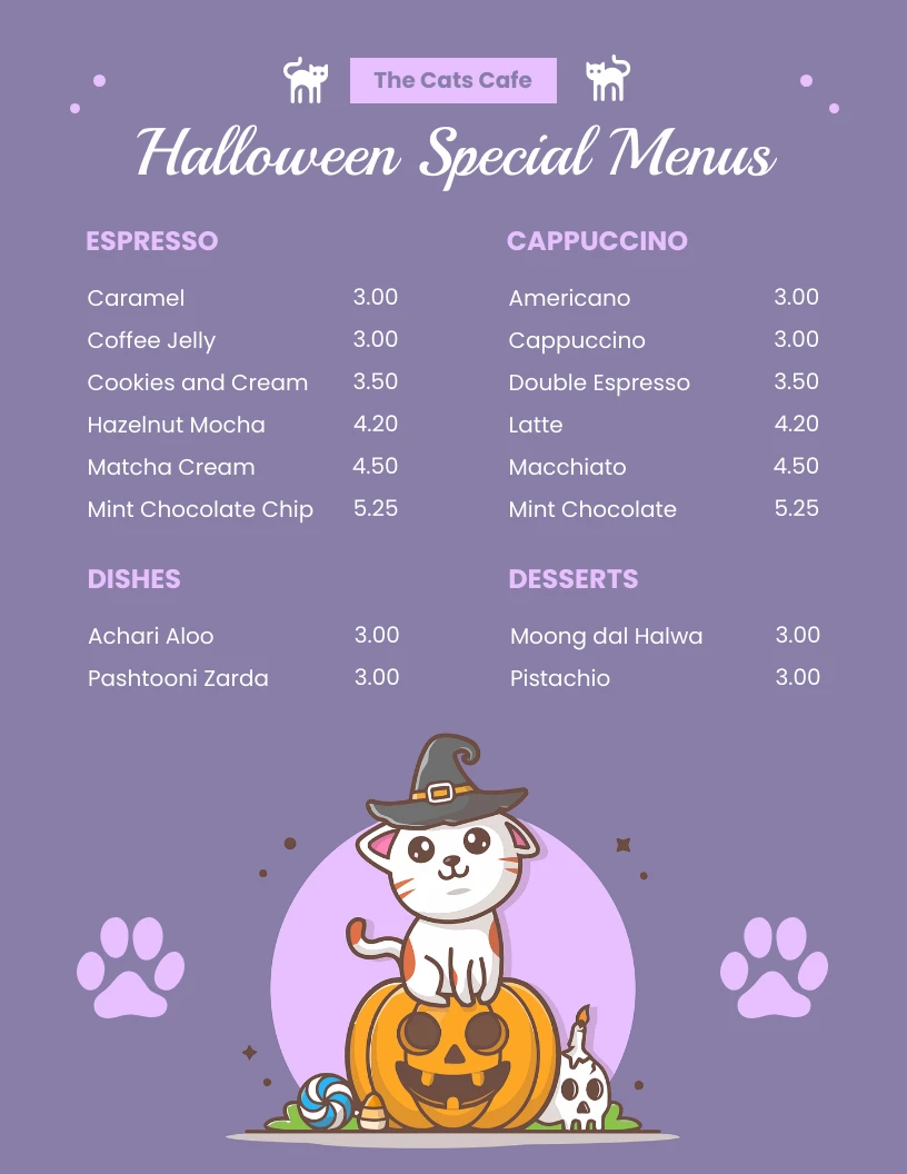 Purple Pastel Modern Cute Illustration Halloween Menu Venngage