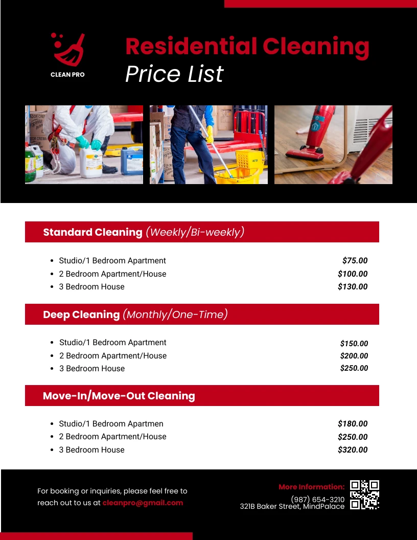 Black Red Residential Cleaning Price List Template - Venngage