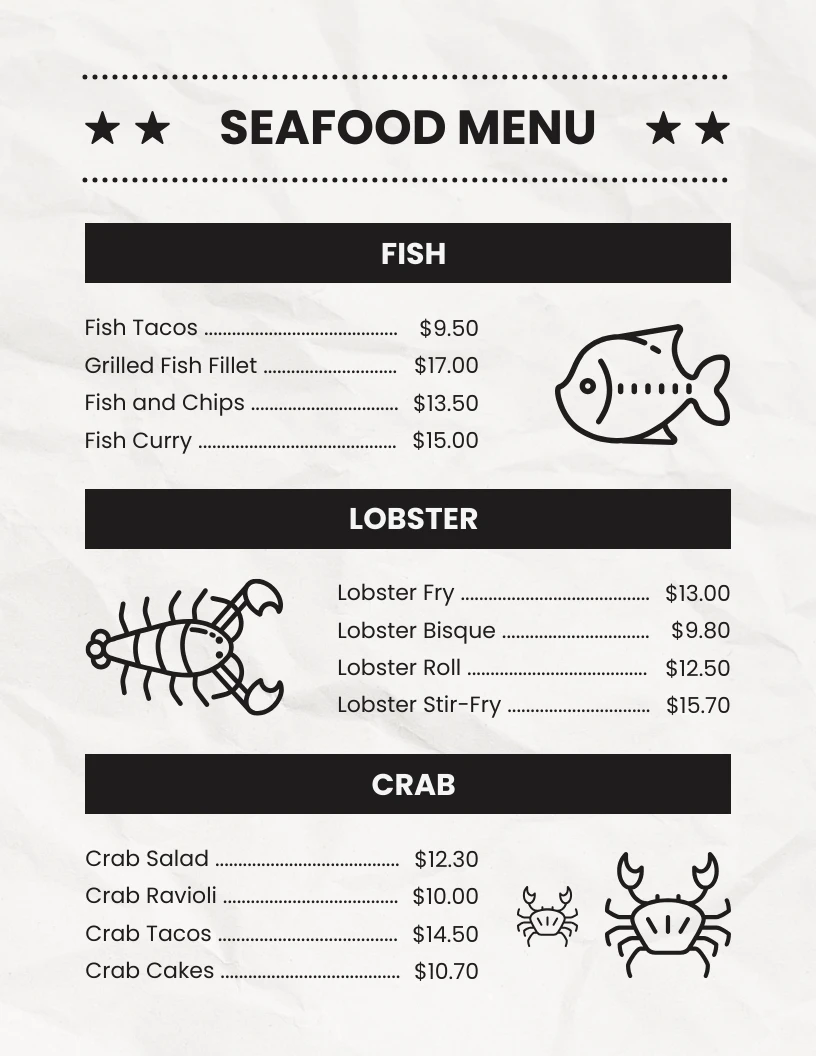 Light Grey Minimalist Texture Seafood Menu - Venngage