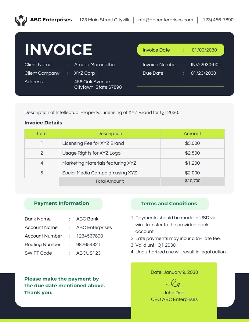 Intellectual Property Royalty Invoice Template - Venngage