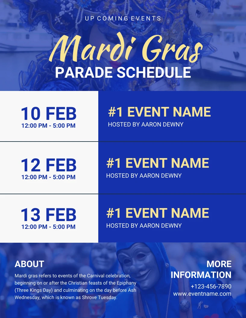 Blue Modern Elegant Mardi Gras Parade Schedule Template Venngage