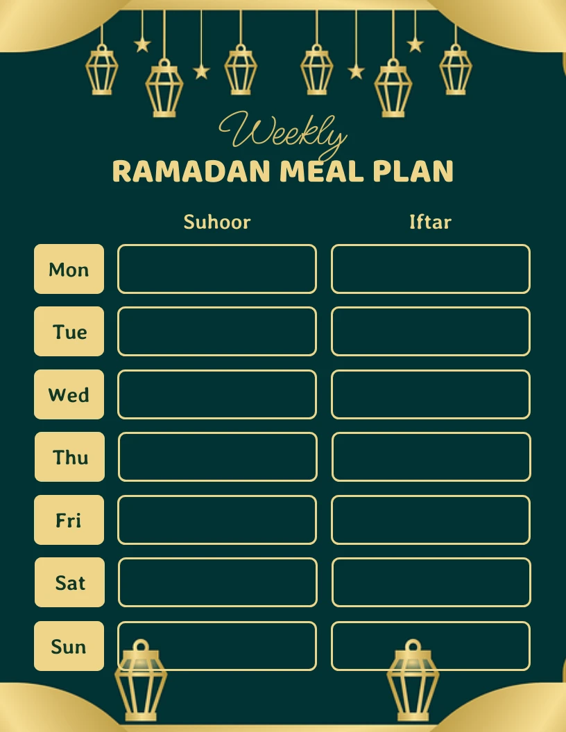 Green And Gold Modern Weekly Ramadan Meal Plan Schedule Template Venngage
