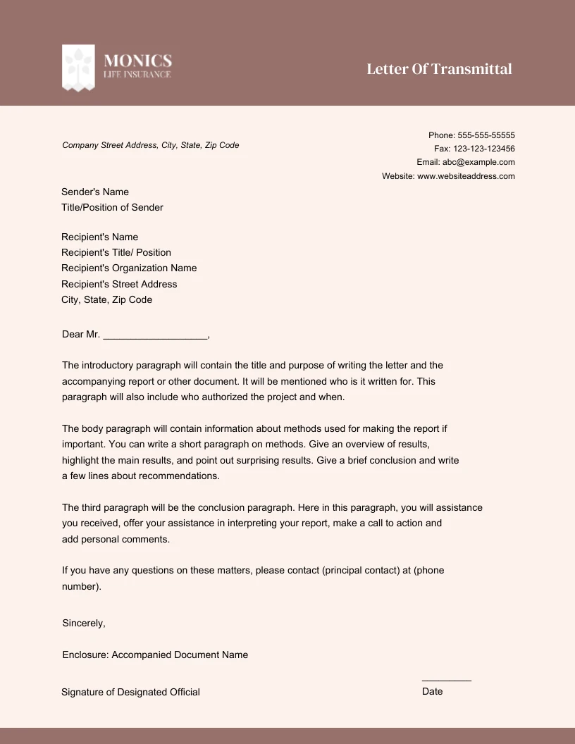 Minimalist Brown And Beige Transmittal Letter Venngage