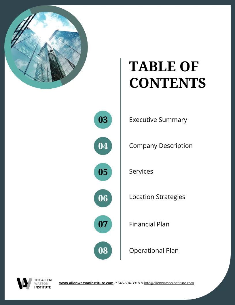 example of business plan table of contents
