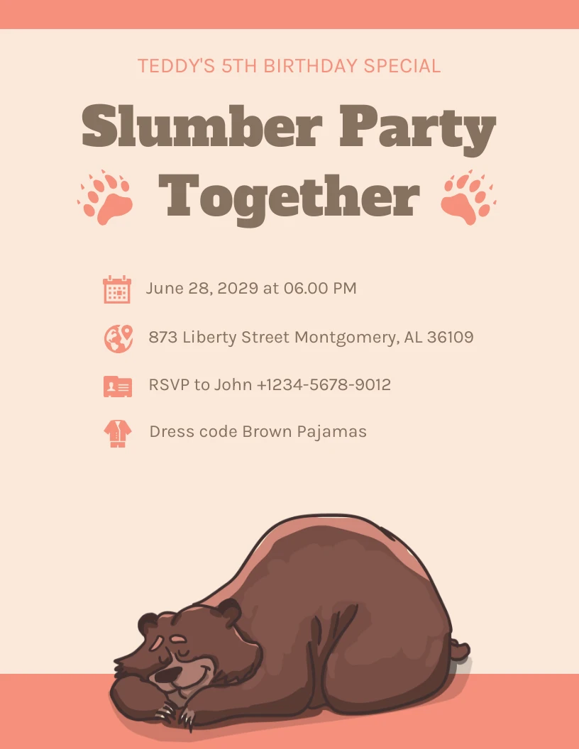 Beige And Orange Playful Illustration SImple Cute Bear Sleepover Party  Invitation - Venngage, image size:816x1056