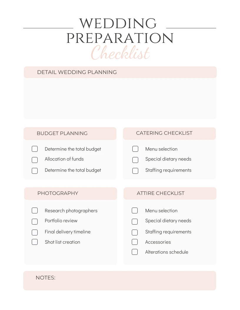 White and Peach Wedding Preparation Checklist - Venngage