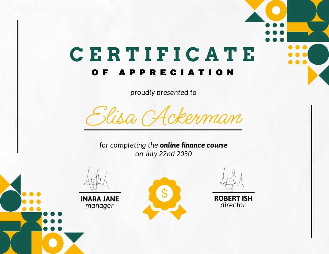 Finance Course Certificate Of Appreciation Template - Venngage