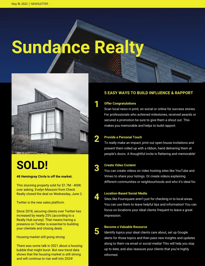 Yellow Real Estate Newsletter Venngage