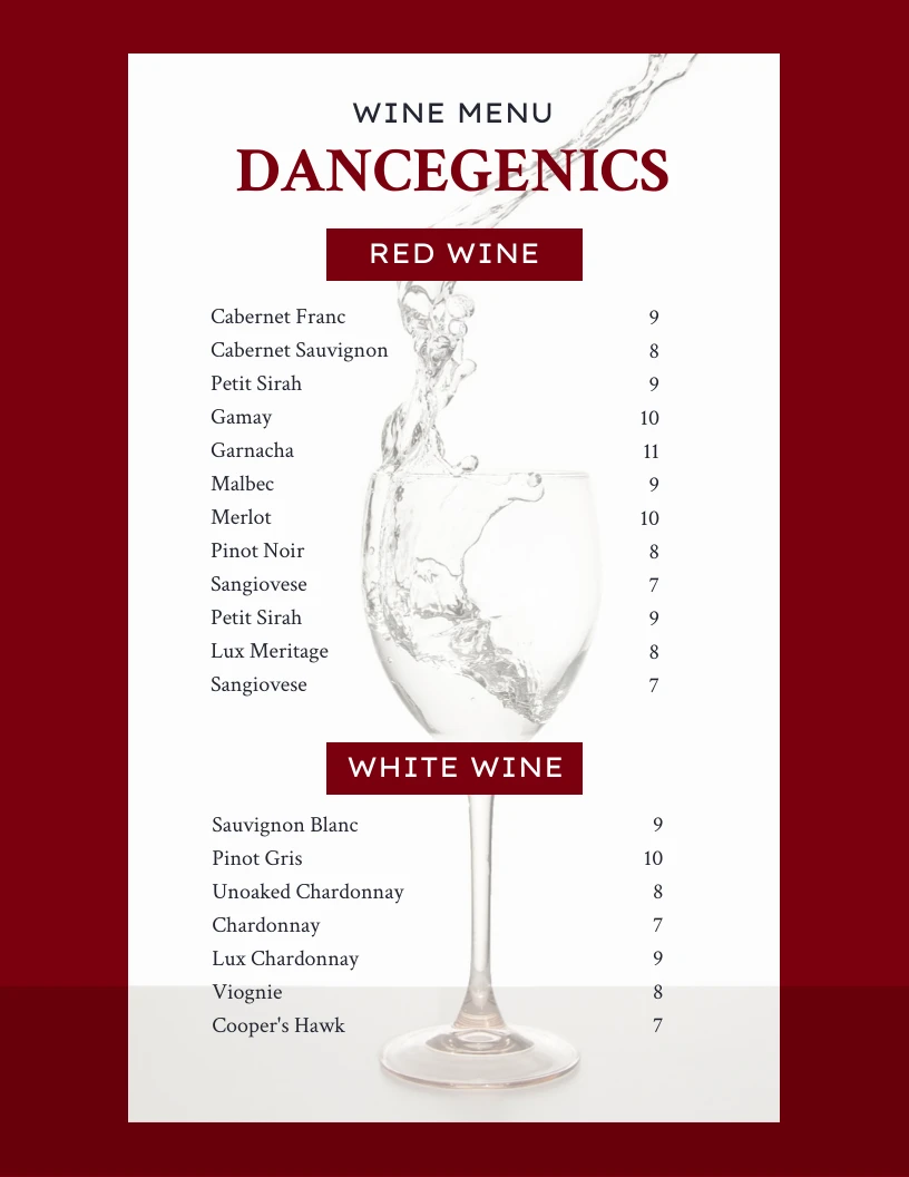 Red And White Simple Classic Wine Menu - Venngage