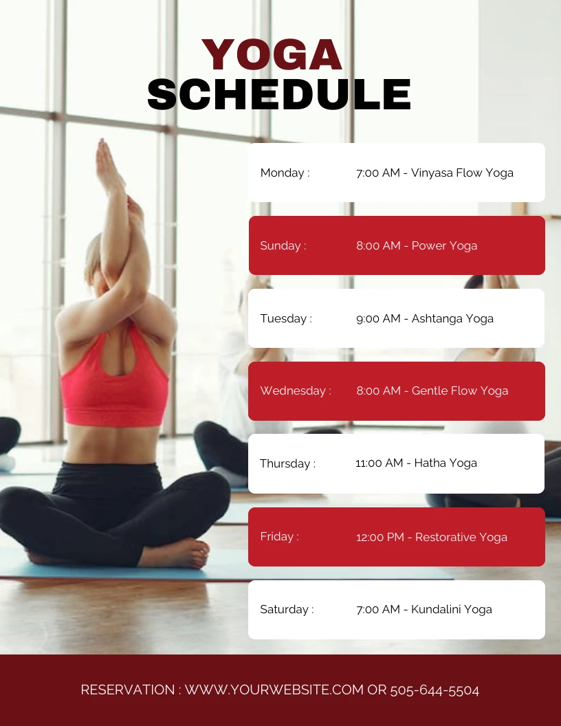 Red Yoga Club Schedule Poster Template - Venngage