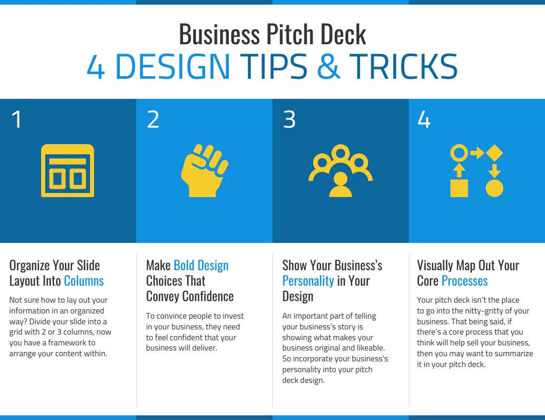 4 Design Tips For Pitch Decks List Infographic Template - Venngage