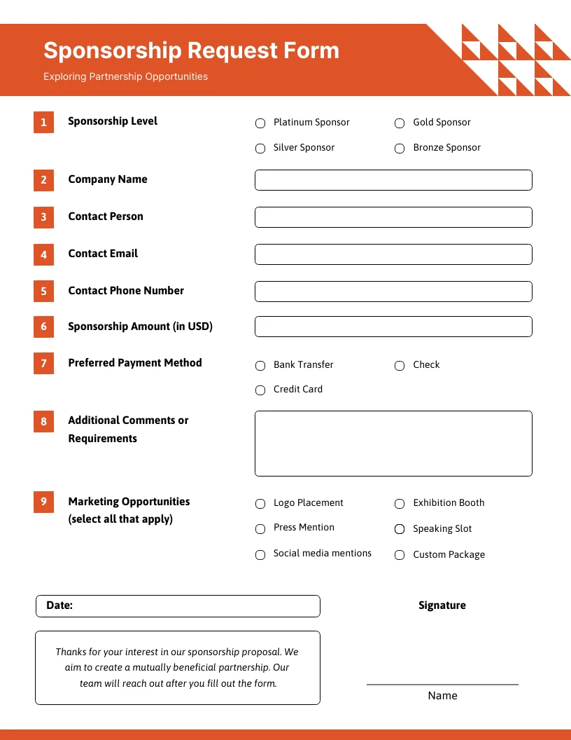 Sponsorship Form Template - Venngage