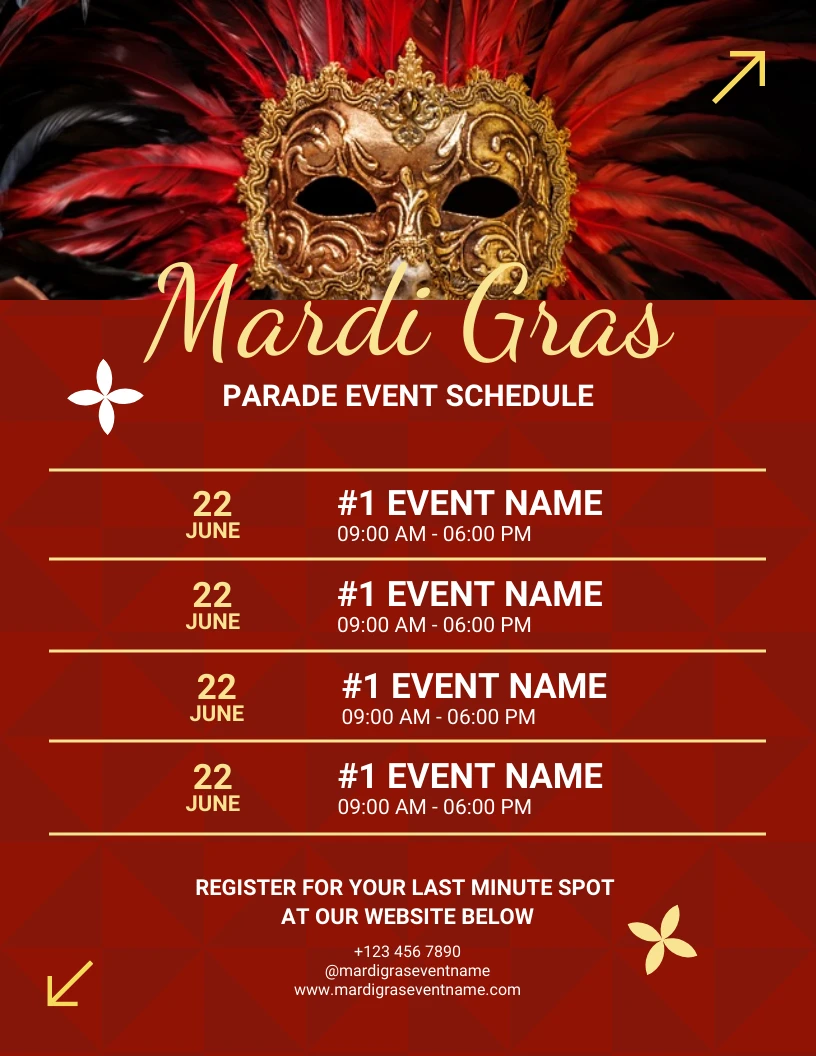 Red Modern Geometric Mardi Gras Parade Event Schedule Template Venngage