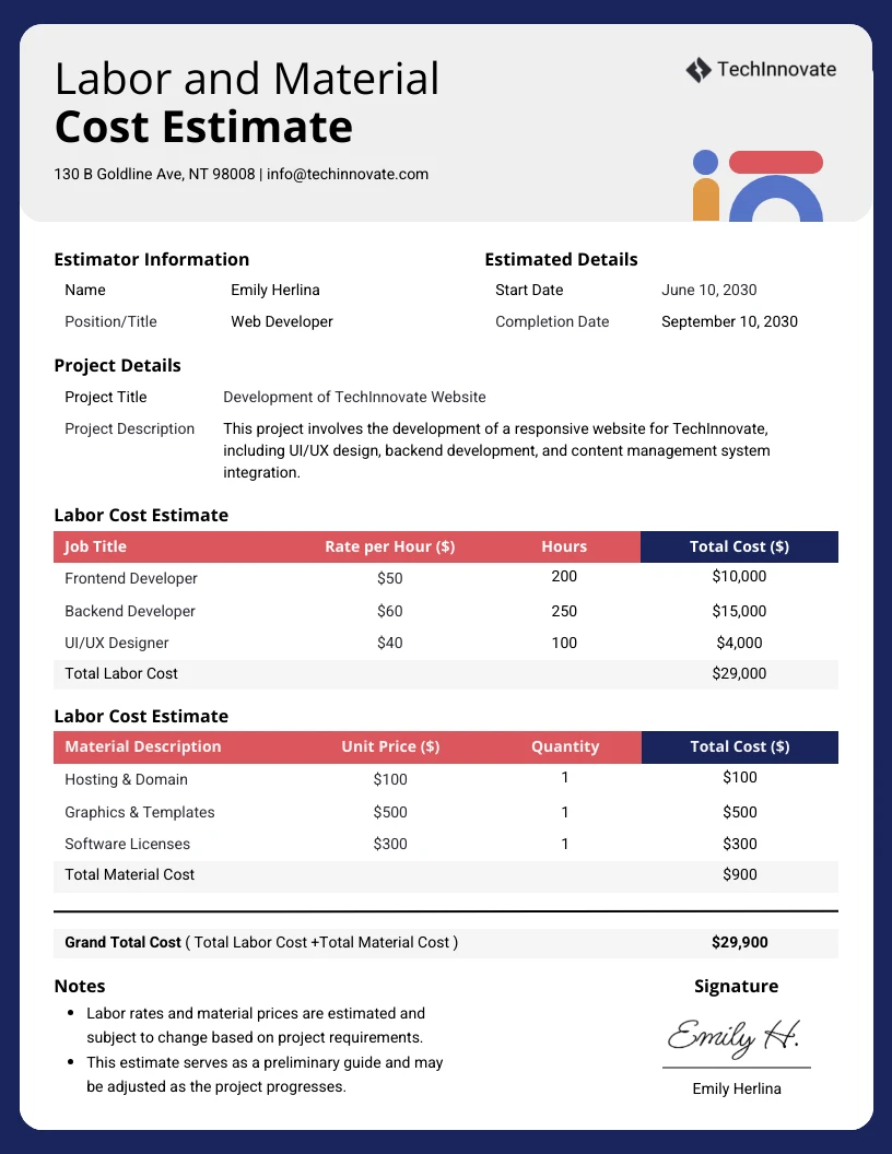 Labor and Material Cost Estimate Template - Venngage