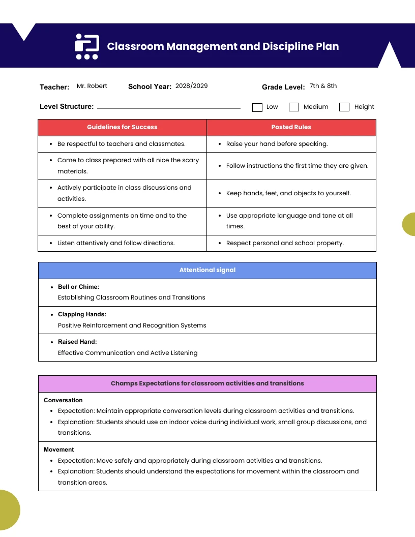 Classroom Discipline Plan Template - Venngage